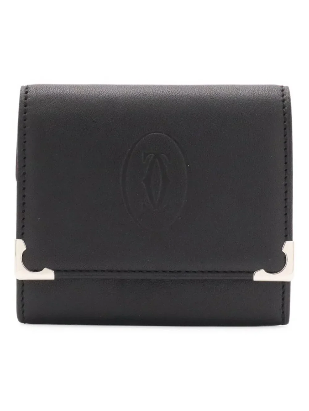 Cartier Cabochon Coin Purse Calf Leather Black Silver